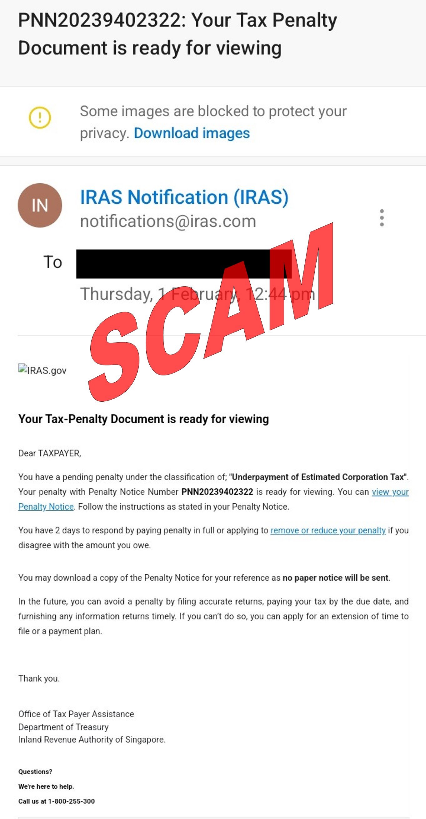Screenshot of phishing email_Underpayment of Estimated Corporation Tax_1Feb2024