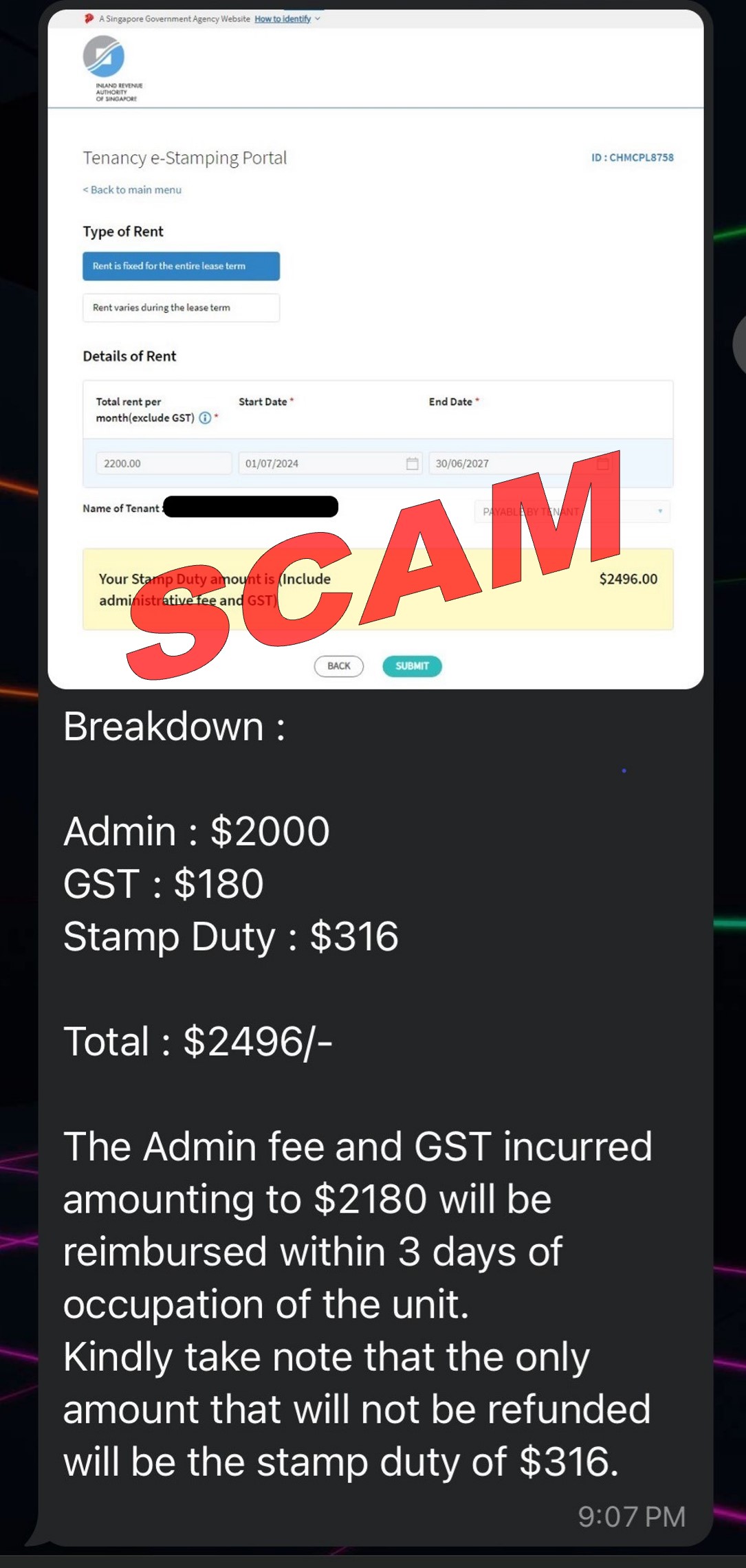 Screenshot of fake stamp duty scam
