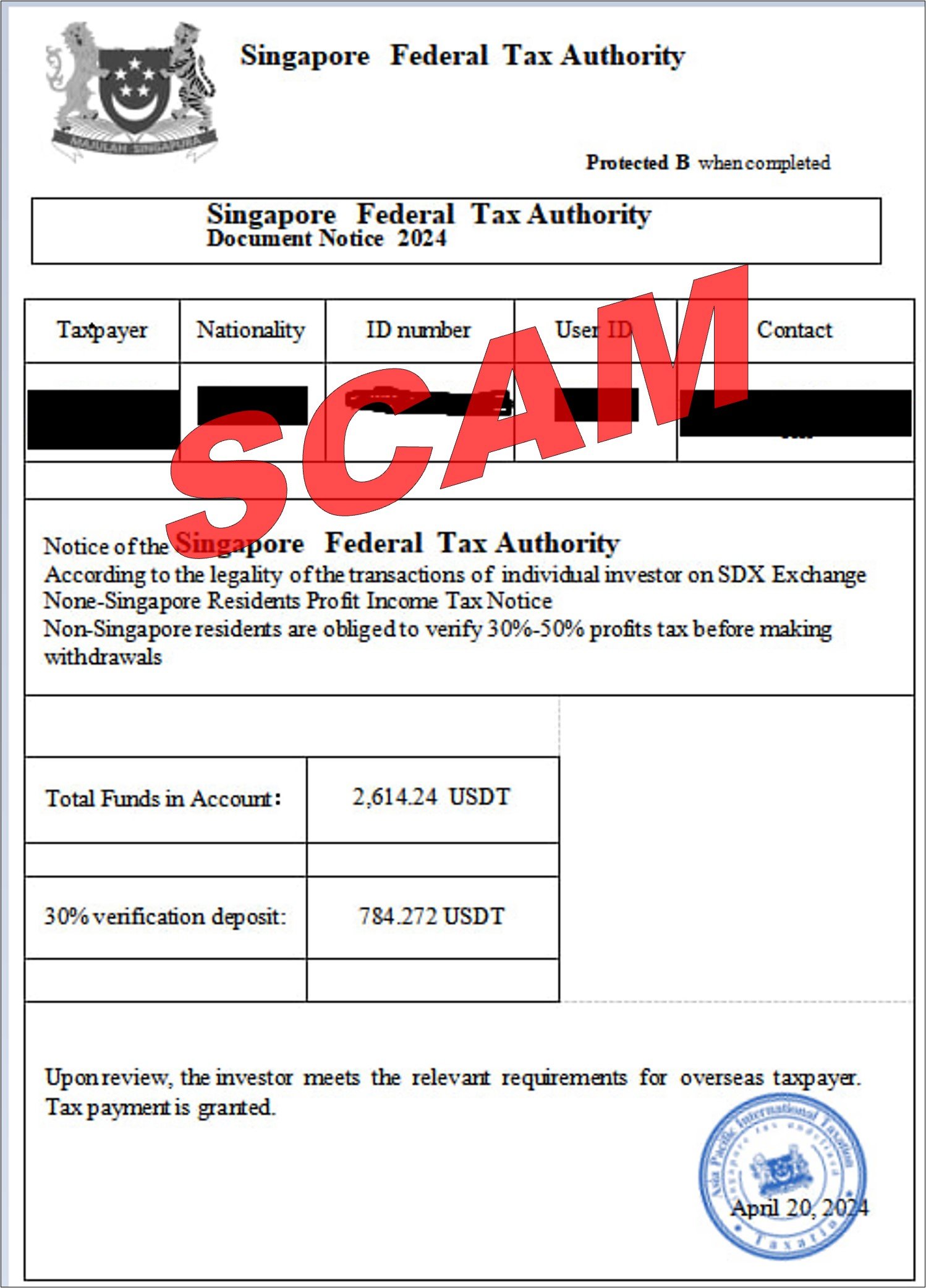Screenshot of scam invoice from singapore federal tax authority for tax payment on cryptocurrency