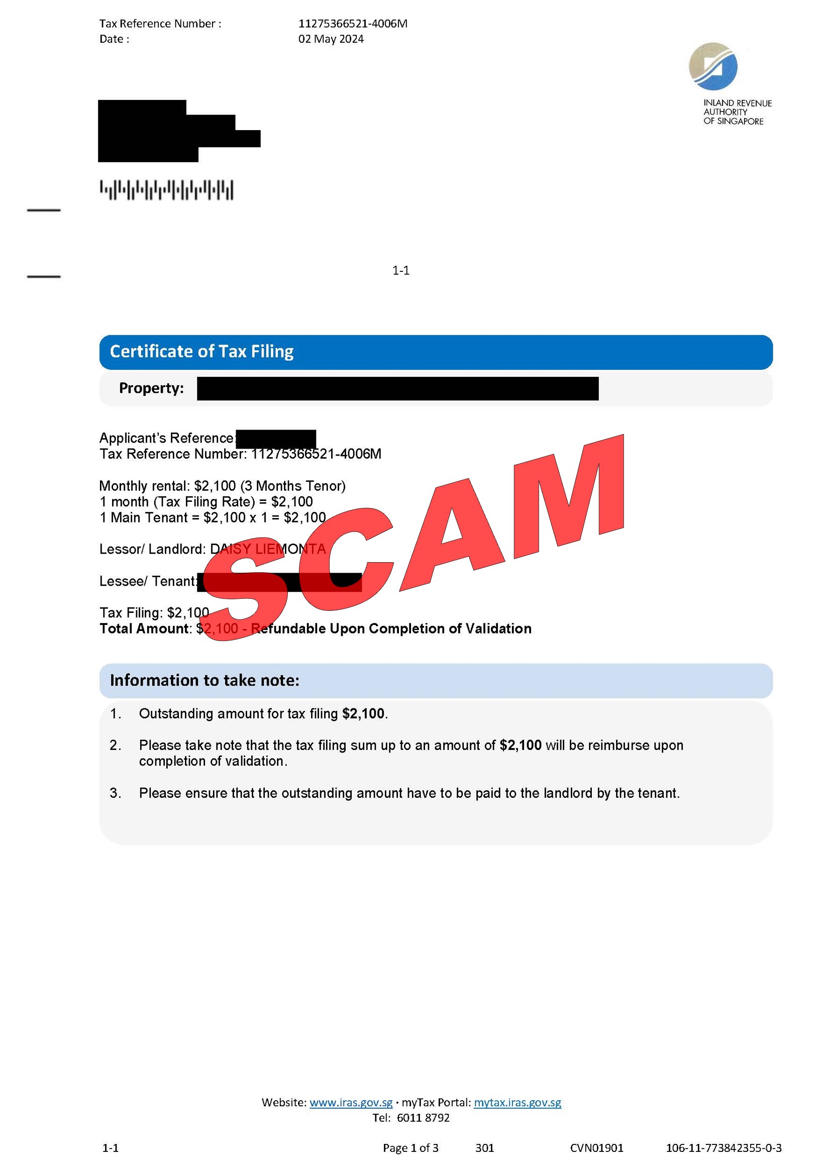Fake stamp duty invoice scam screenshot