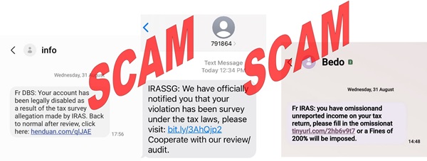 Screenshots of images showing phishing SMSes scams to lure recipients in clicking on links which will lead to phishing websites