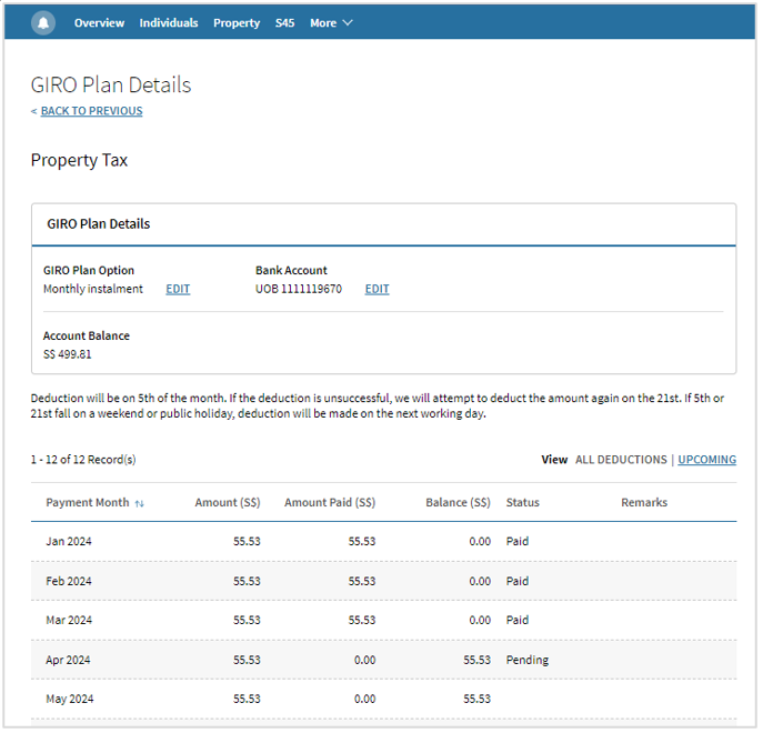 Screenshot of GIRO plan details