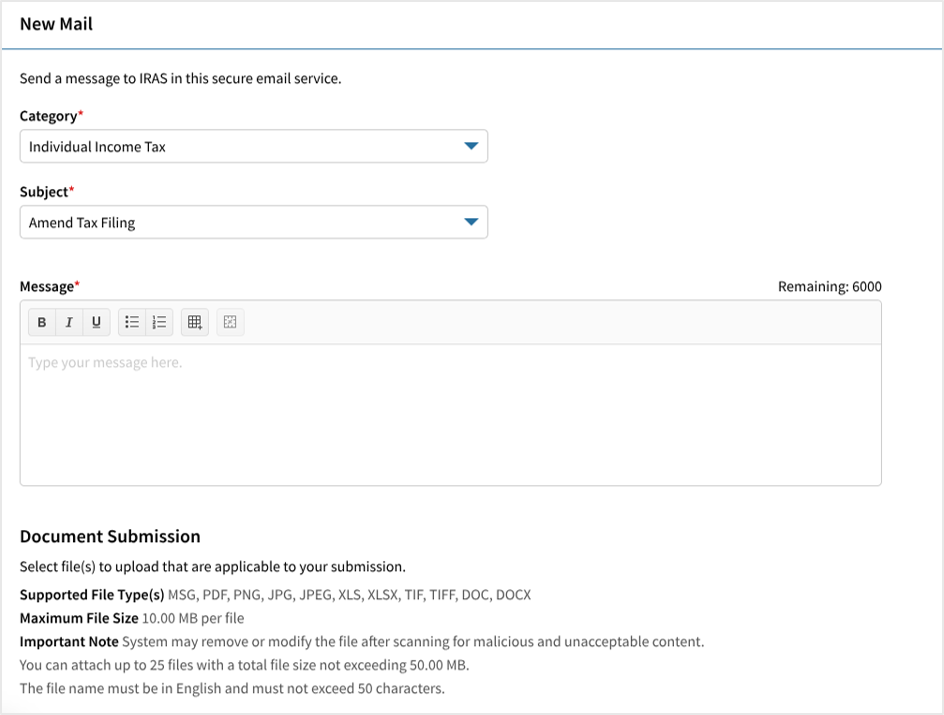 Screenshot of myTax Mail compose feature