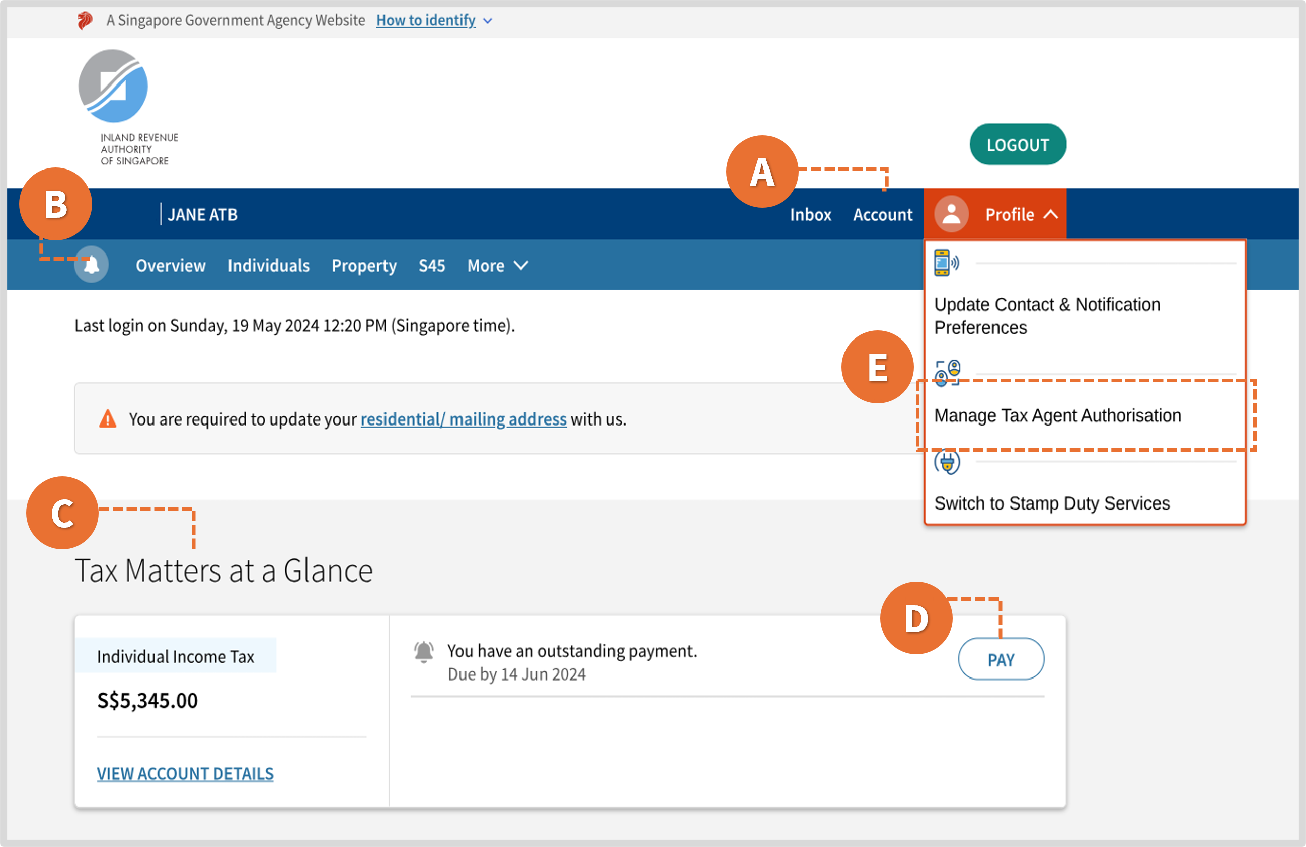 Screenshot of myTax Portal Overview page (landing page)