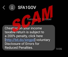 Screenshot of a phishing SMS purportedly from IRAS or banks using fraudulent sender to lure recipients to click on links which will lead to phishing websitesIDs