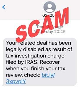 Screenshot of phishing SMS scam to lure recipients to click on links which will lead to phishing websites