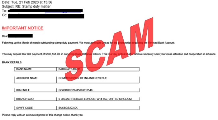 Screenshot of phishing scam email seeking deposit payment on outstanding stamp duty payment