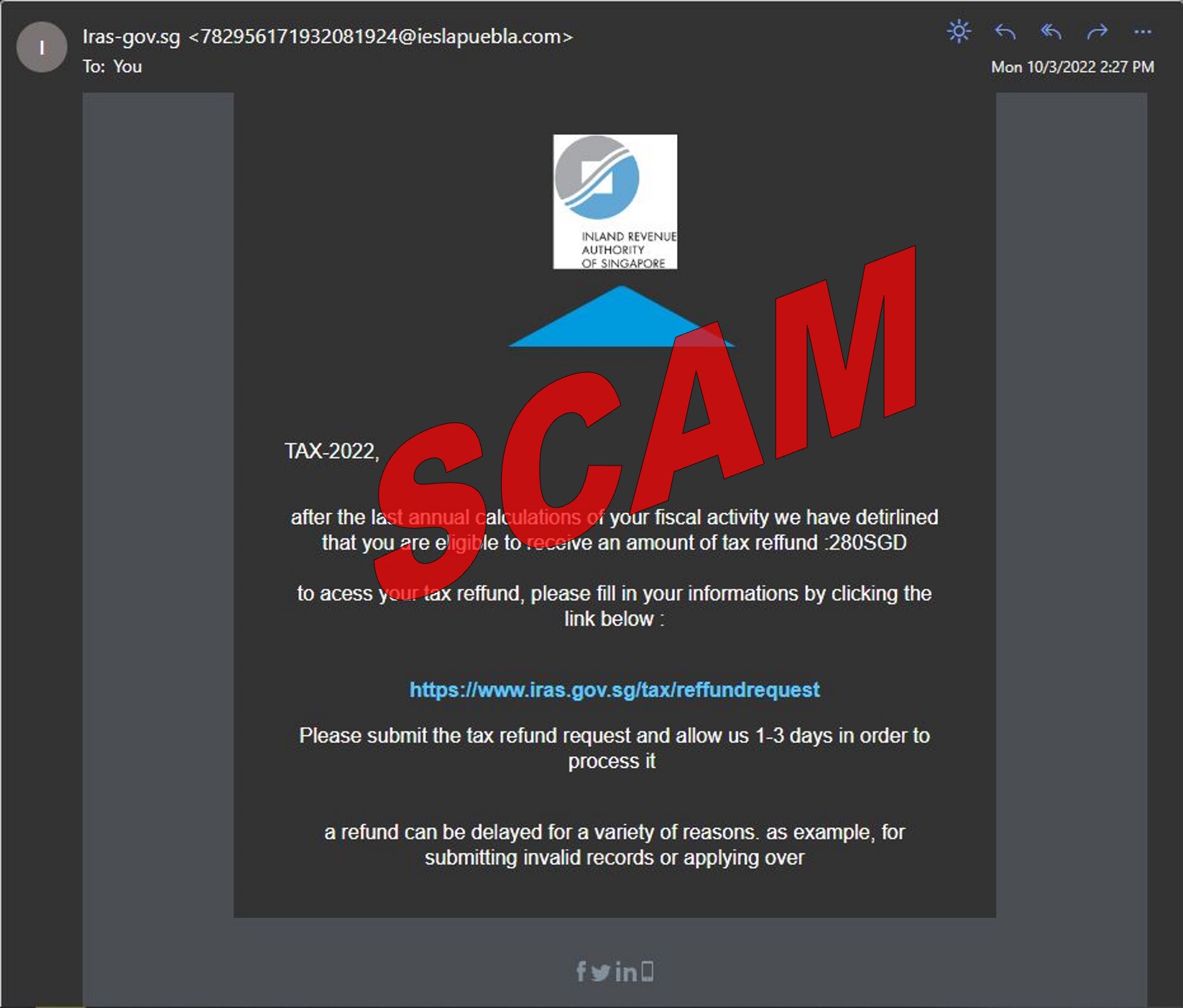 Image 2 of scam tax refund request directing taxpayers to click on an embedded link to receive the tax refund