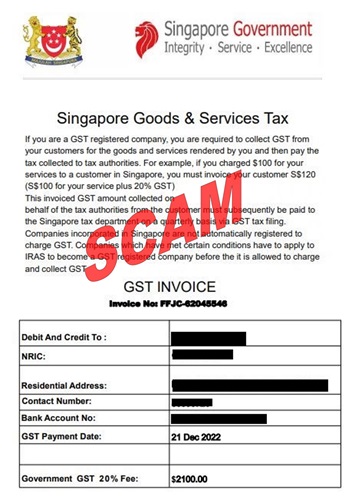 Image of scam WhatsApp message for GST payment purportedly sent by Swiss Financial Services (“SFS”)