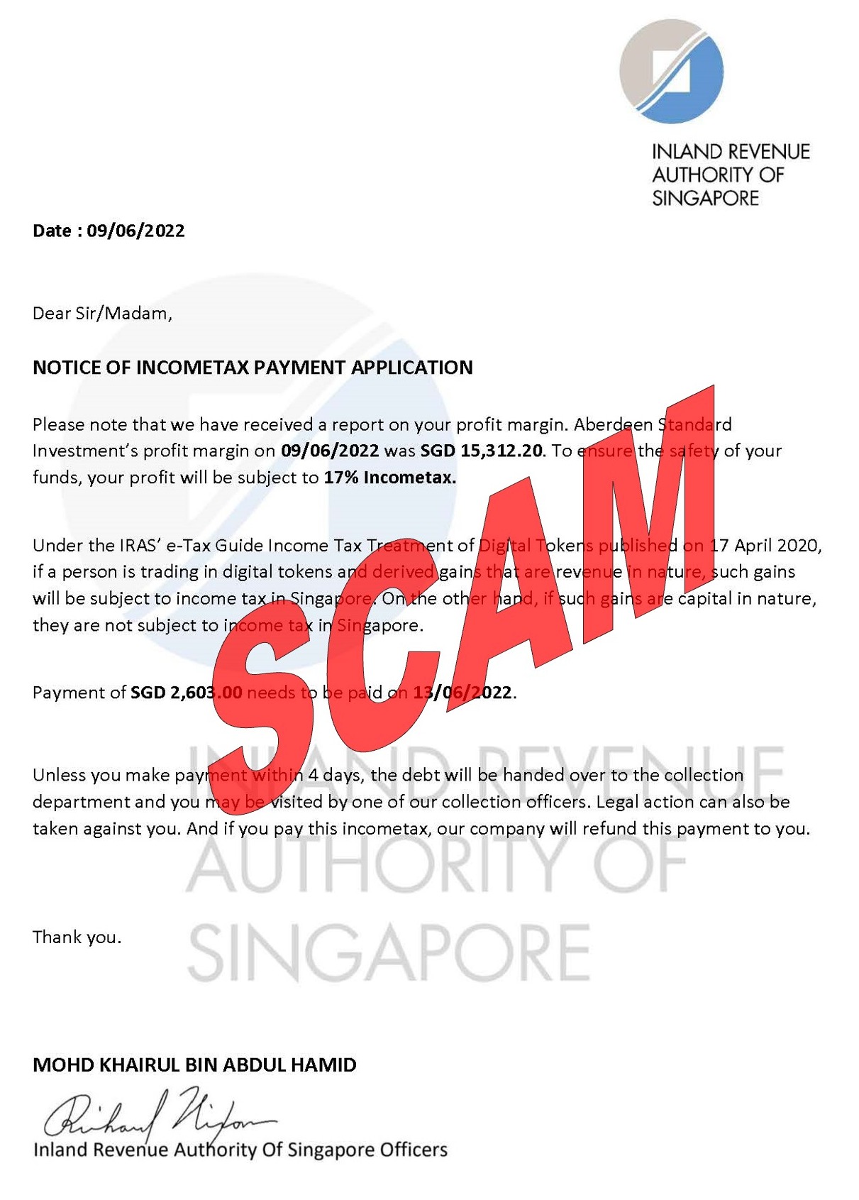 Scam letter seeking tax payment on investment profit