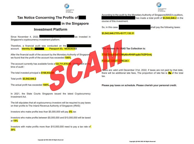 Screenshot image showing scam letter seeking victims to make tax payment on their investment profit