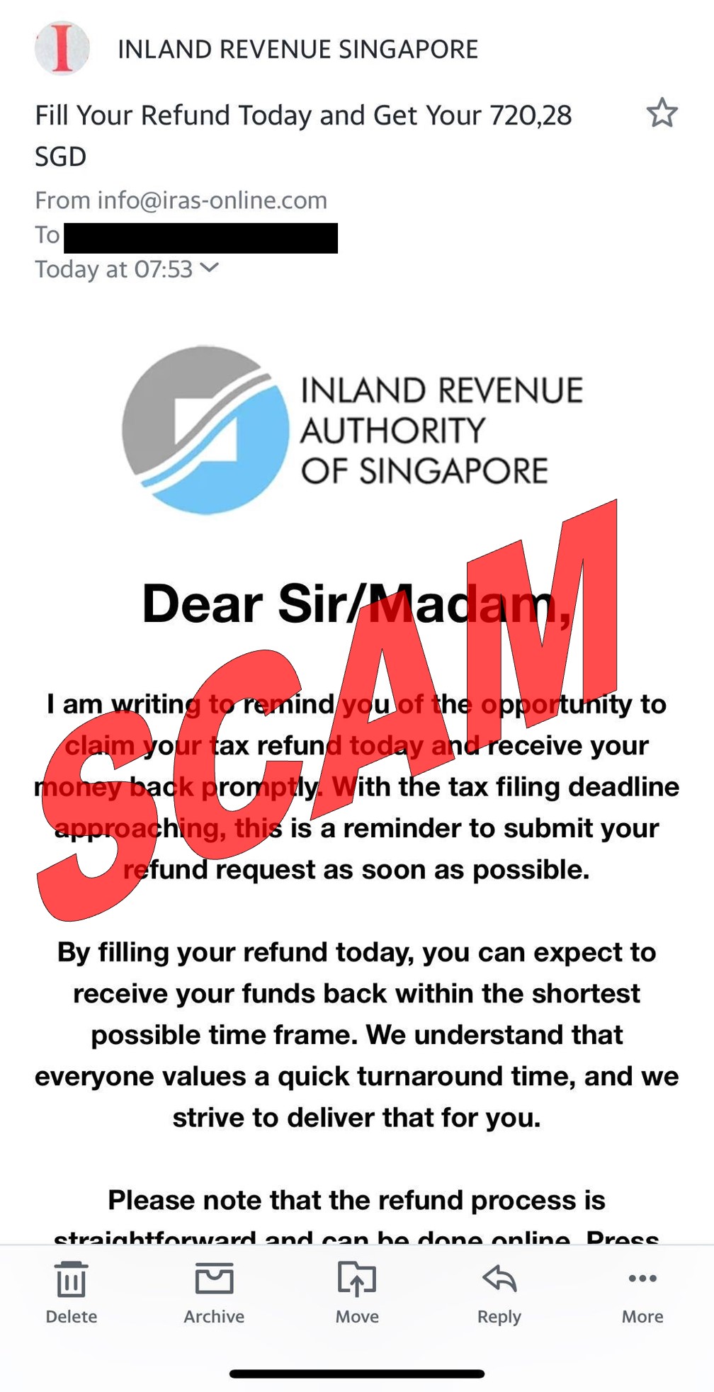 Scam email on tax refund
