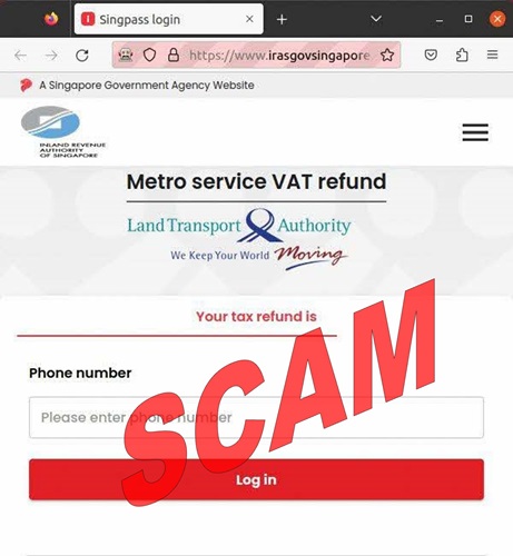Scam phishing website with IRAS, LTA and Singpass logos