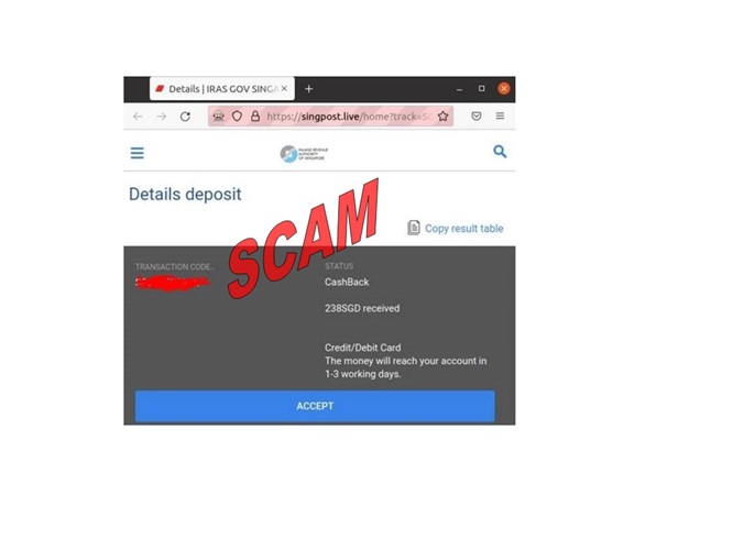 Image showing fake Singpost website showing a spoofed IRAS logo where website lures users with a promise of a cashback which will be sent to their bank account if they click [ACCEPT]