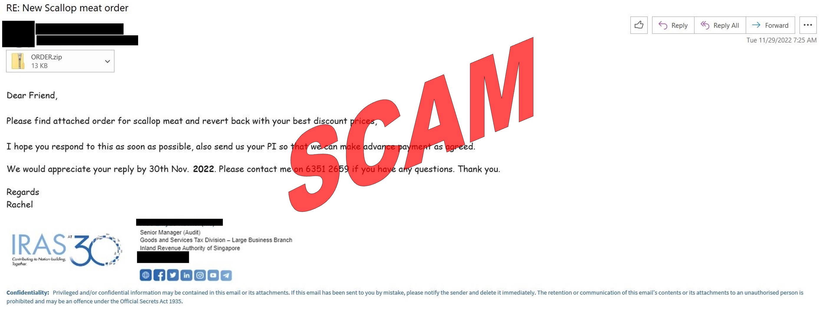 Image showing spoofed email received from IRAS to deceive recipients into thinking that the message came from an IRAS officer containing malicious content