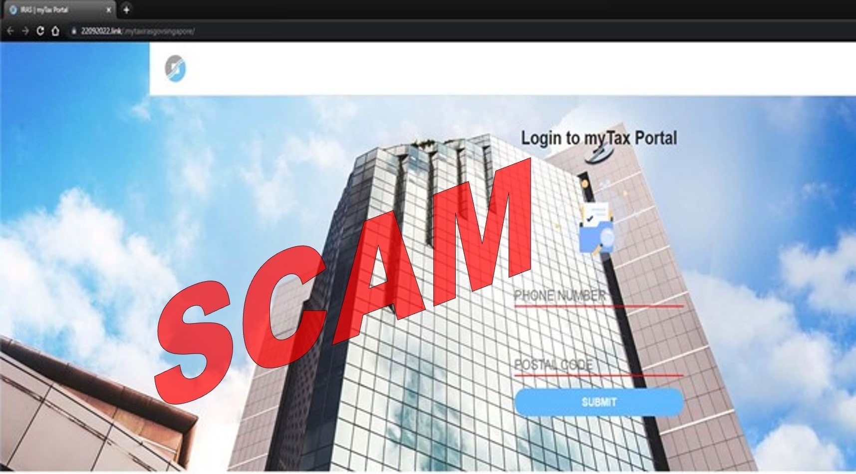 Screenshot image 1 where taxpayers will be directed to a spoofed myTax Portal login page and asked to enter their telephone number and postal code