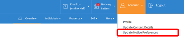 myTax Portal Update Notice Preferences - desktop