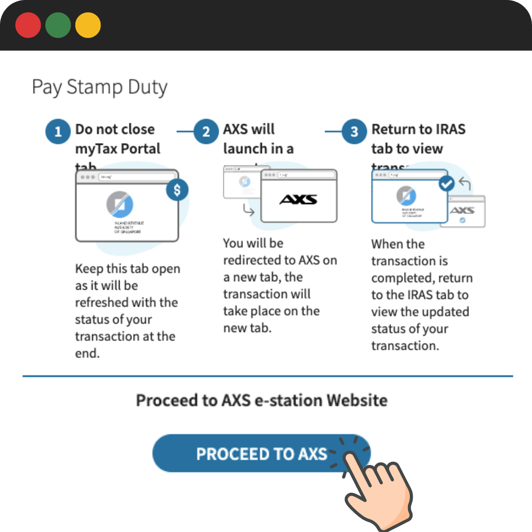 Page in Stamp Duty portal displaying instructions on proceeding to AXS e-Station or m-Station (app)