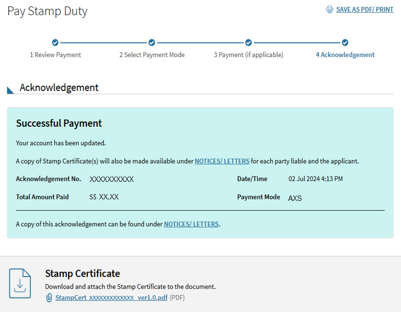 Successful Payment acknowledgement page at myTax Portal, showing stamp certificate download function