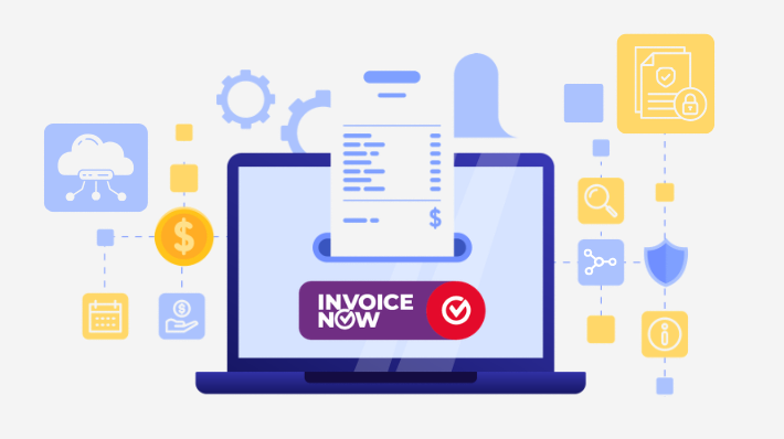 An image showing a laptop with the InvoiceNow logo