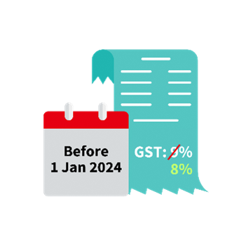 Icon showing GST rate at 8% for payments received before 1 Jan 2024