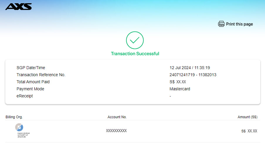 AXS acknowledgement message if payment is successful