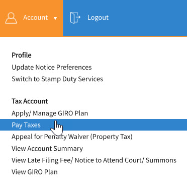 myTax Portal overview page with 'Pay Taxes' option at Account menu