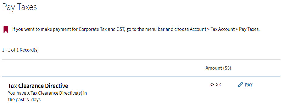 Pay Taxes page with 'PAY' hyperlink beside tax account