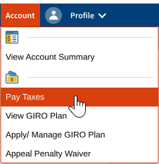 myTax Portal overview page with 'Pay Taxes' option at Account menu