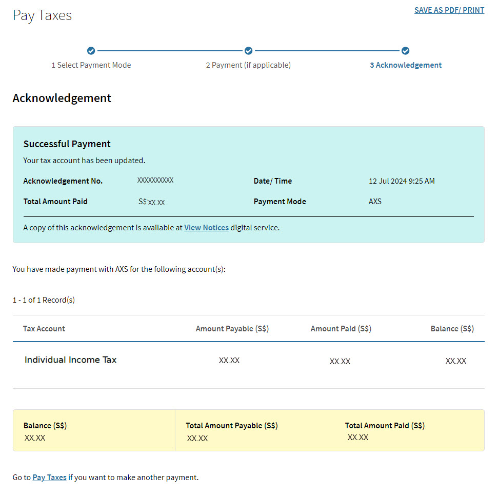 Acknowledgement Page showing successful AXS payment