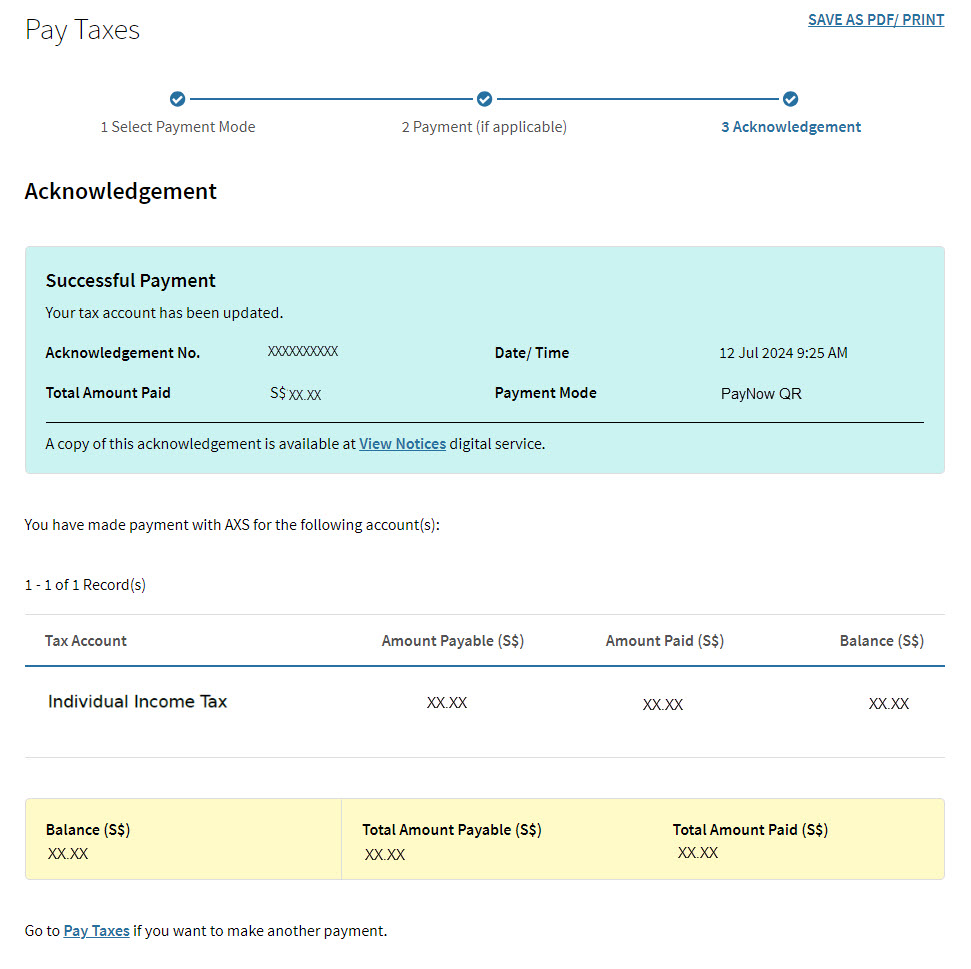 Acknowledgement Page showing successful PayNow QR payment