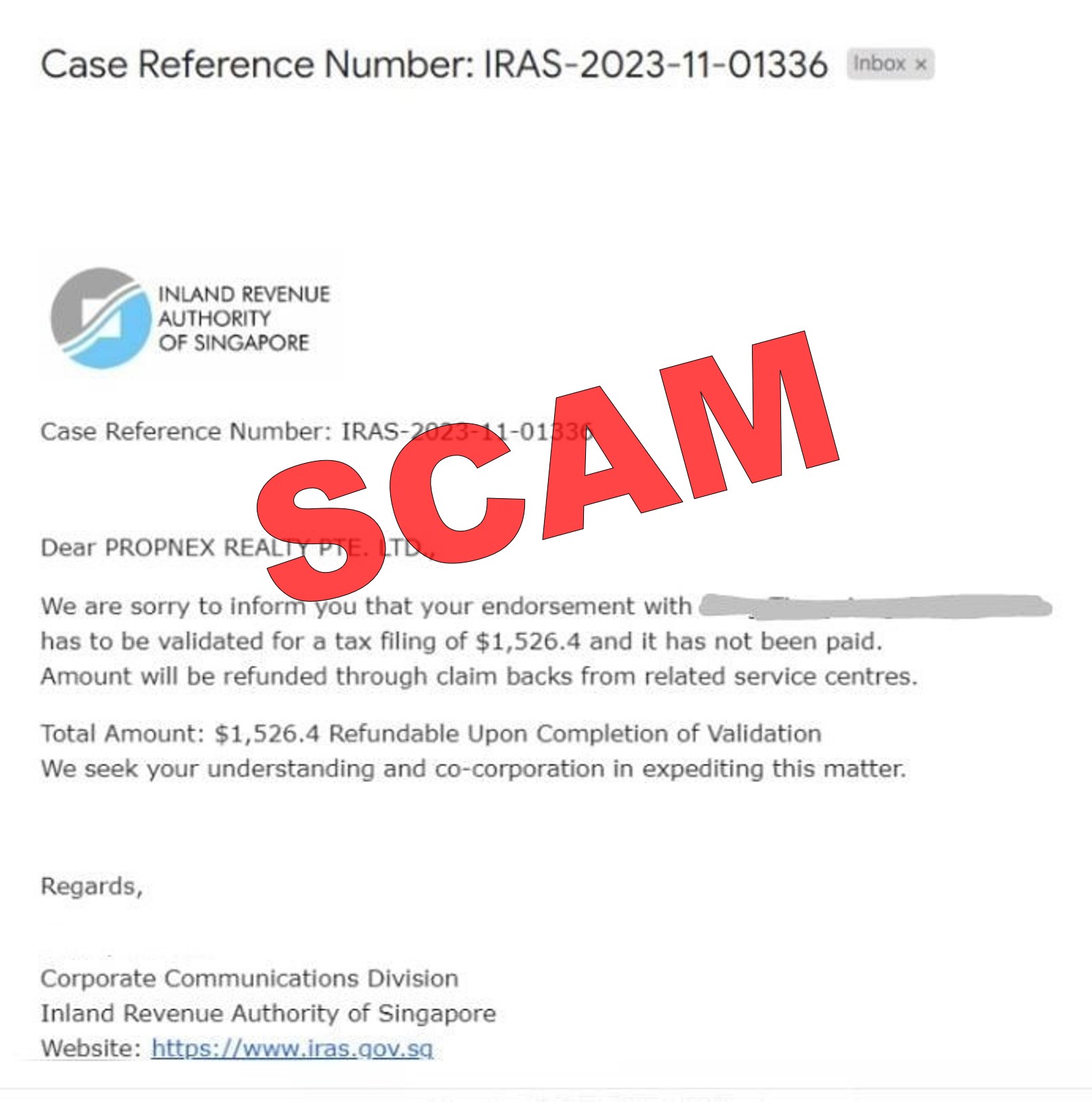Screenshot of phishing email sent to Propnex_14Nov2023