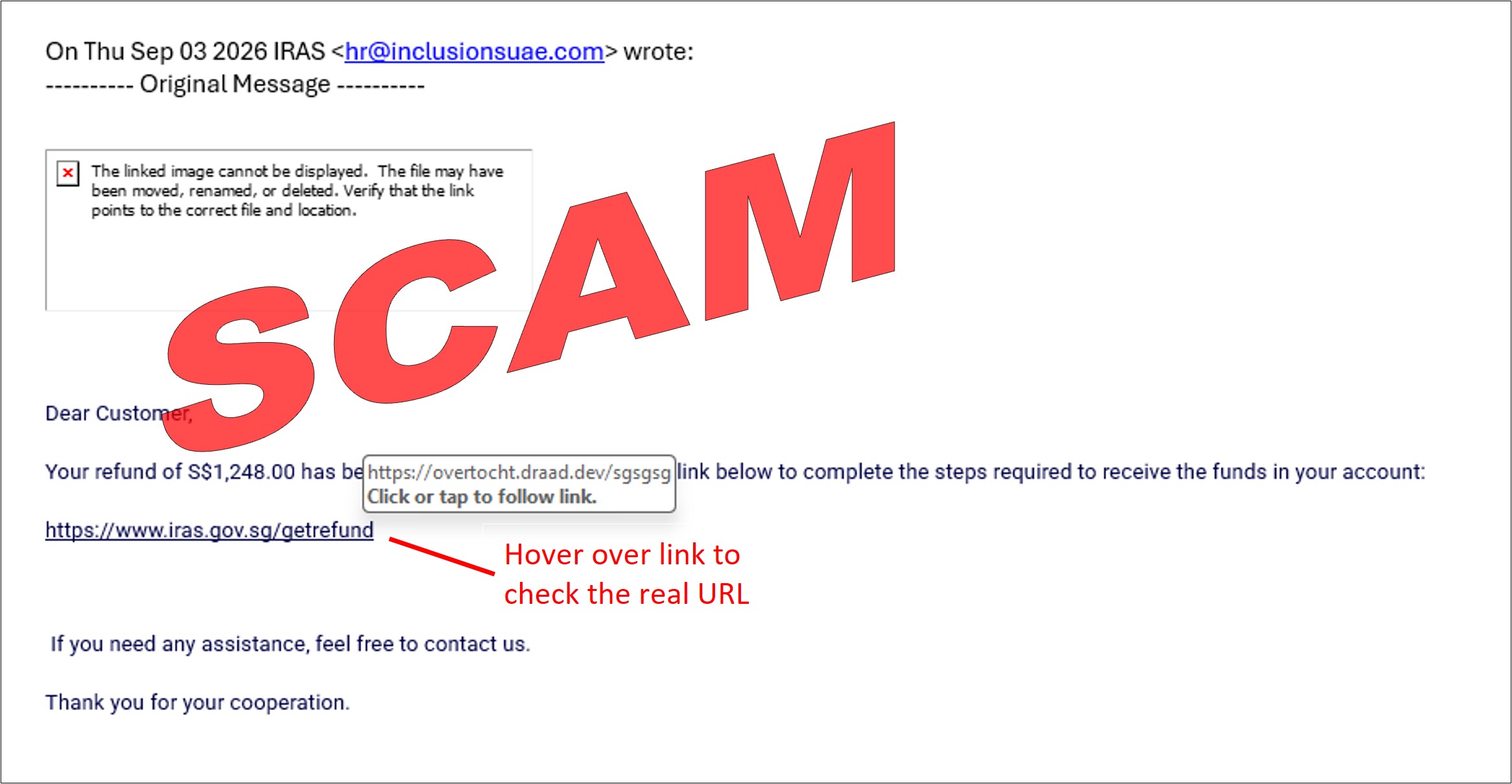 Screenshot of a phishing email claiming a tax refund of 1248 SGD