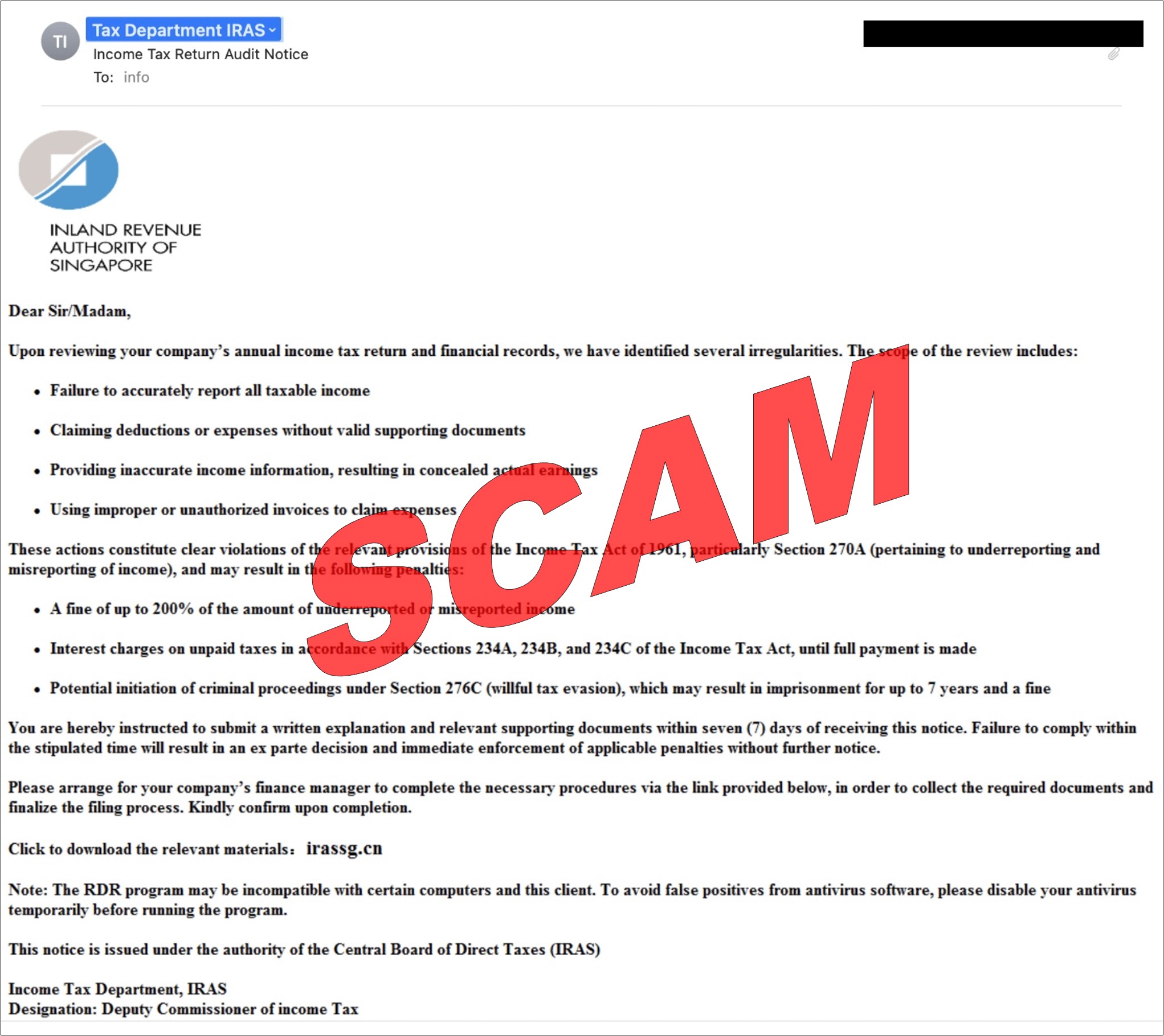 Screenshot of scam income tax return audit notice