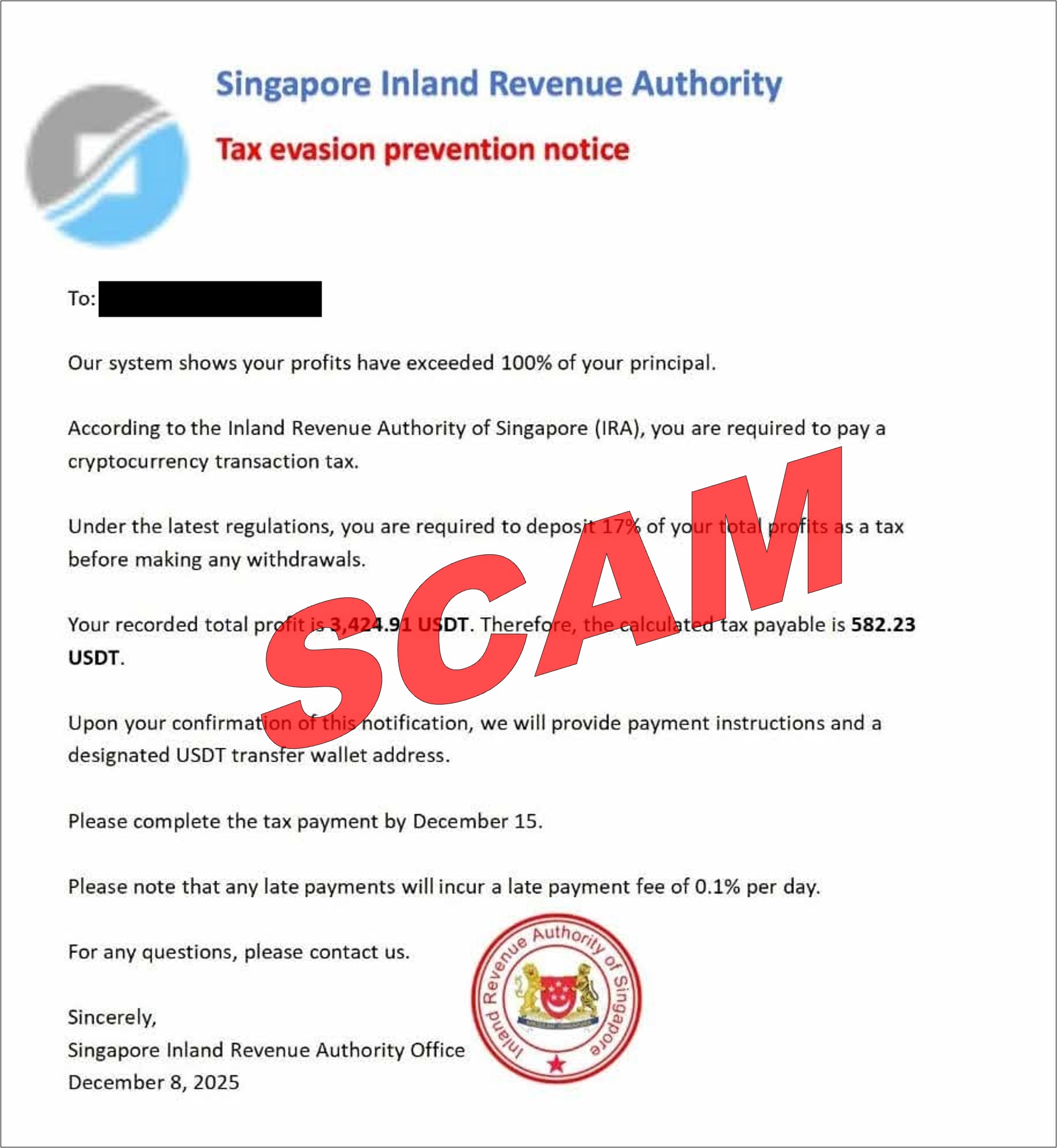 Screenshot of a crypto tax scam on tax evasion prevention notice