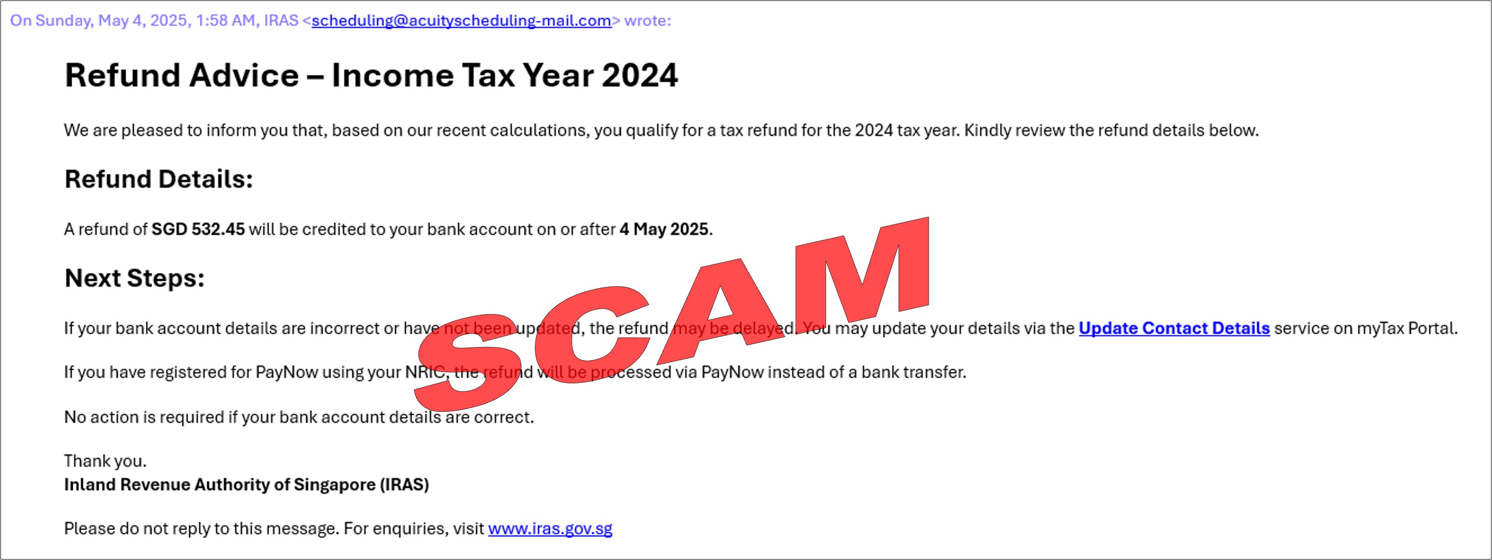 Screenshot of scam email on refund advice - IIT 2024