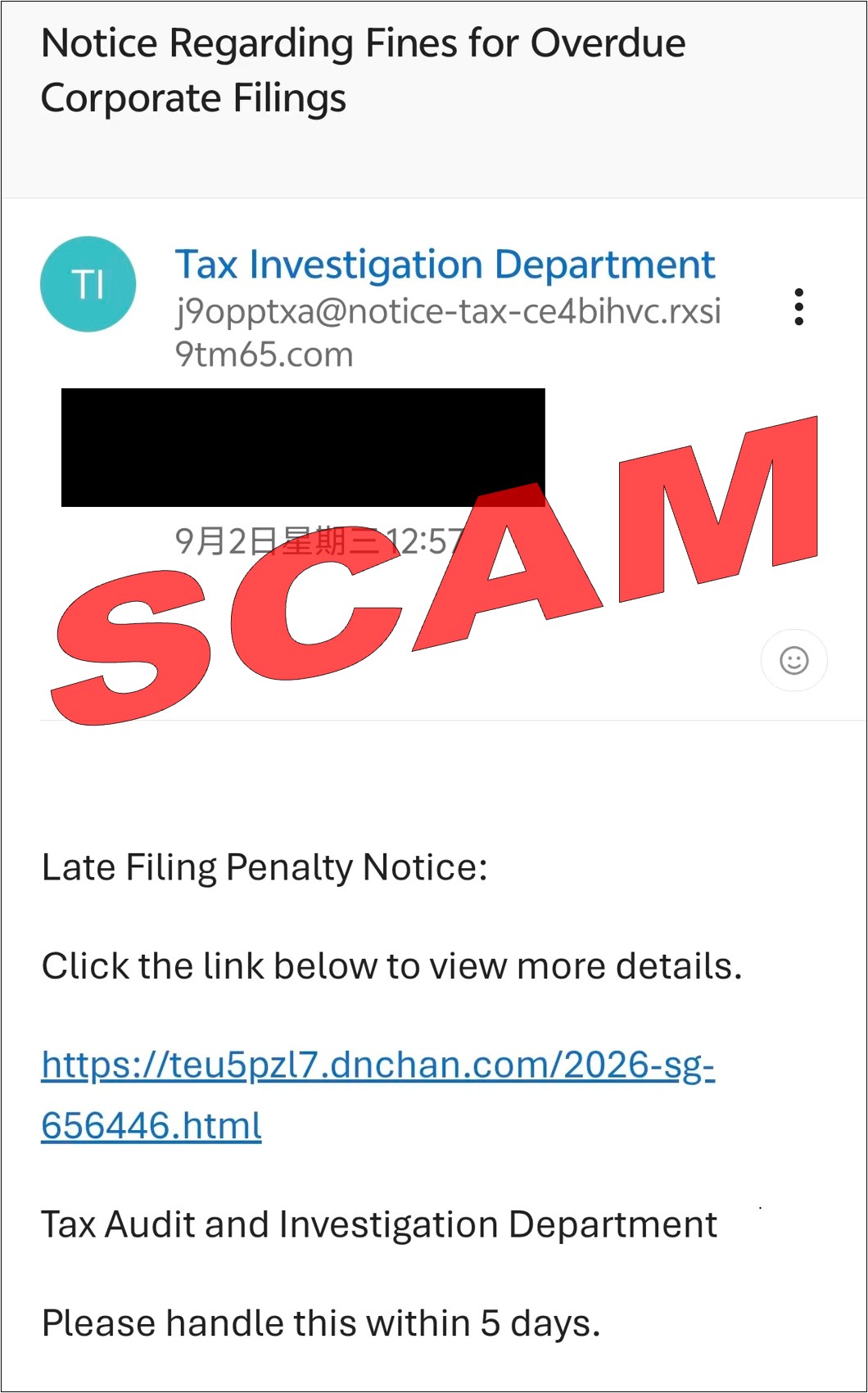 Screenshot of email on tax refund scam