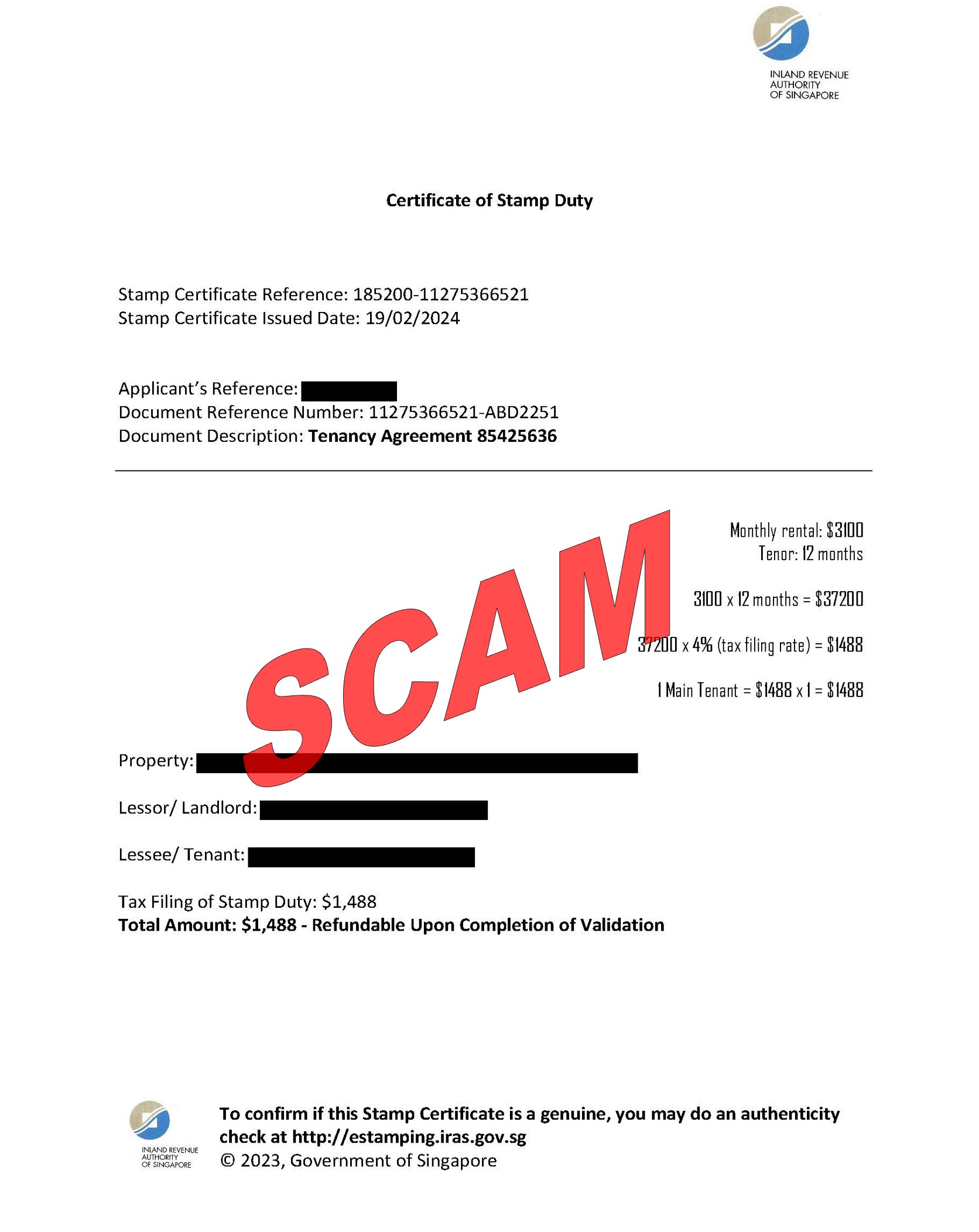 Screenshot of fake cert of stamp duty_27Feb2024