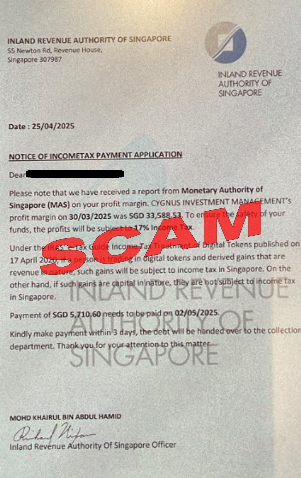 Screenshot of Investment scam variant with IRAS logo and MAS mentioned_29 Apr 2025