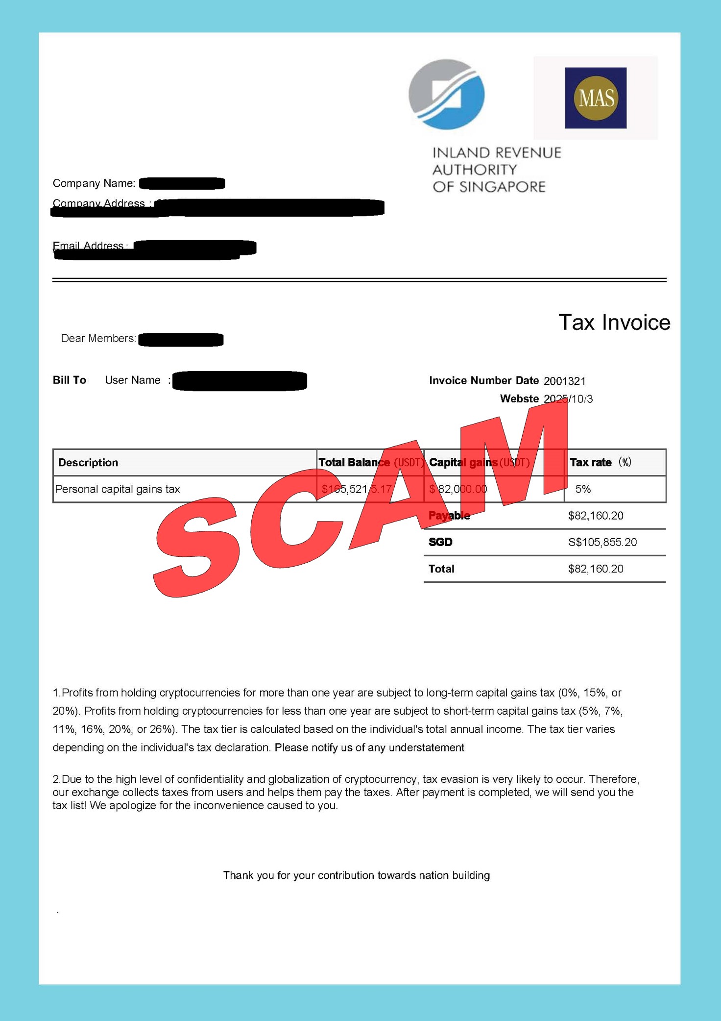 Screenshot of Investment tax invoice scam variant with IRAS and MAS logo