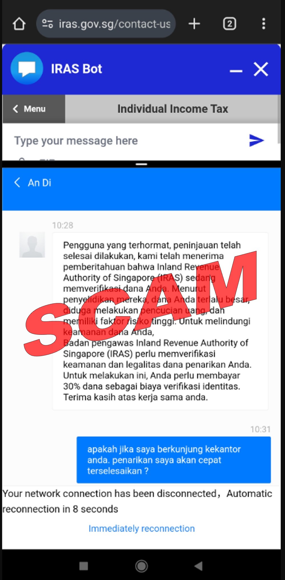 Screenshot of IRAS ChatBot spoofing IRAS_21Feb2025