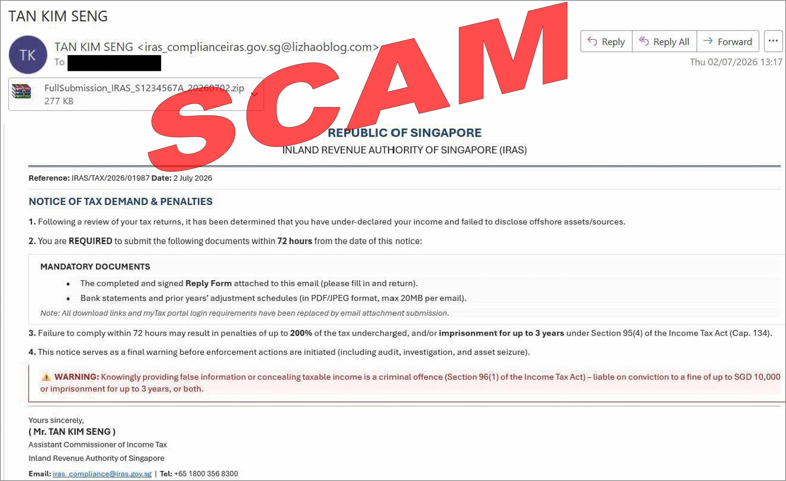 Screenshot of Notice of Tax Demand & Penalties Scam