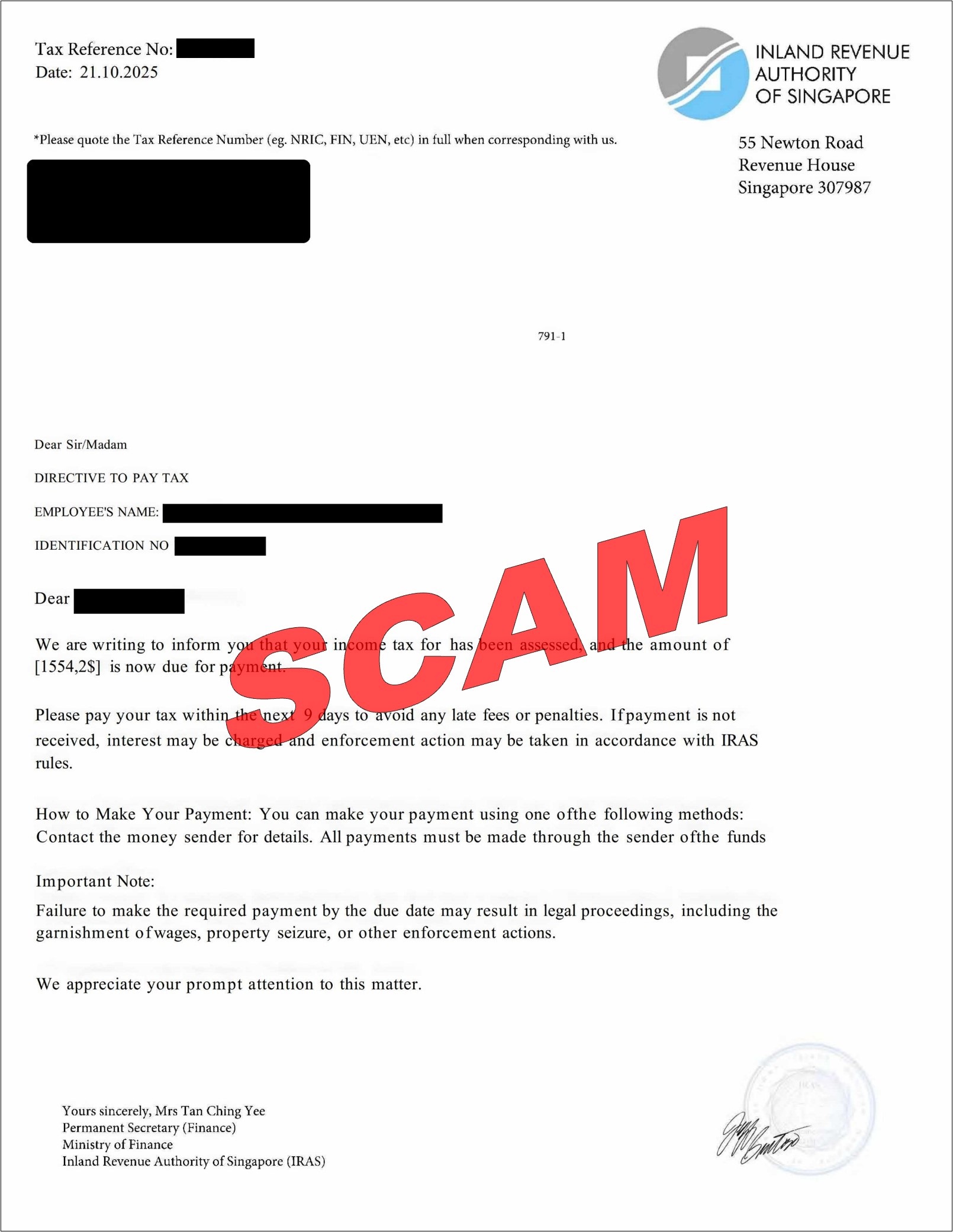 Screenshot of phishing income tax payment notice