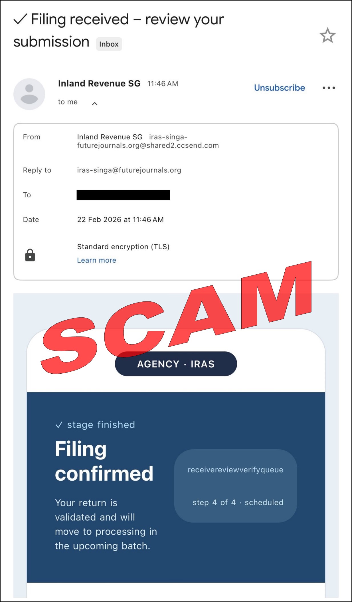 Screenshot of review of filing submission email scam
