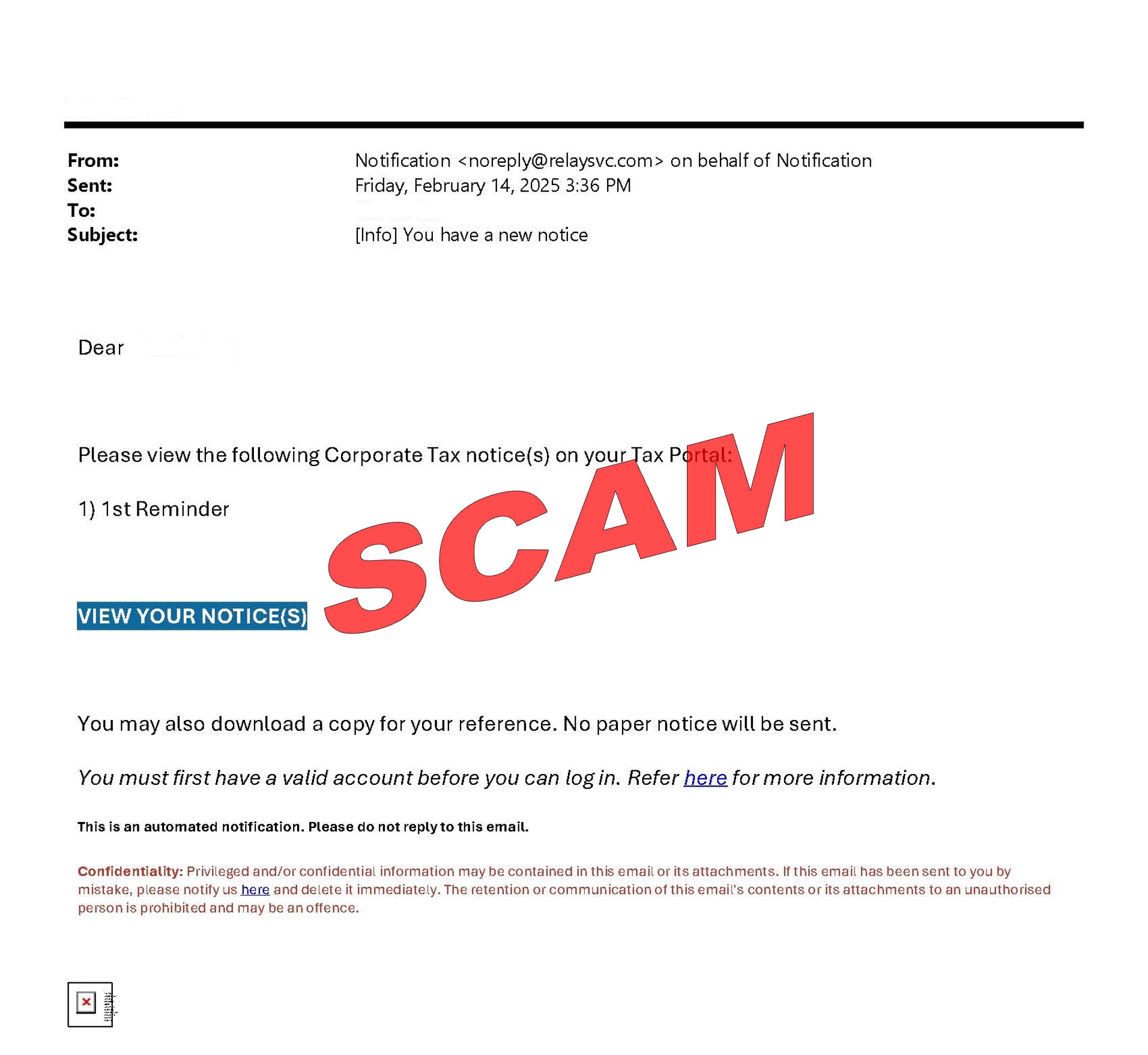 Screenshot of scam email on viewing of CT notice