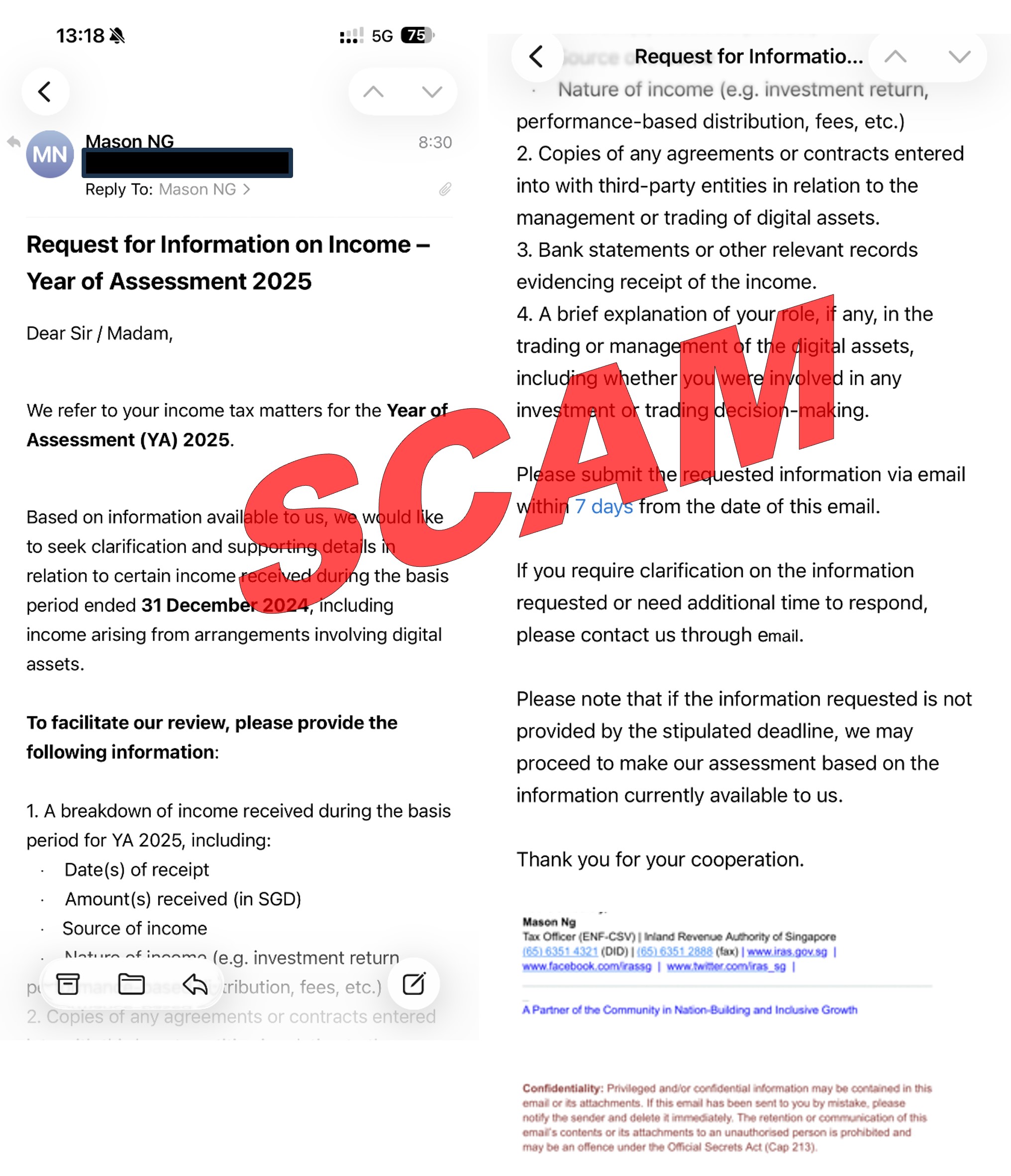 Screenshot of scam email requesting for information on income - YA2025