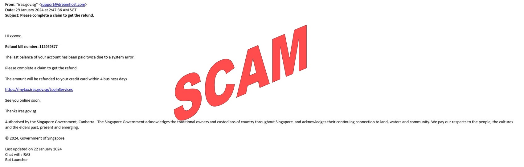 Screenshot of scam email_Please complete a claim to get the refund_29 Jan 2024