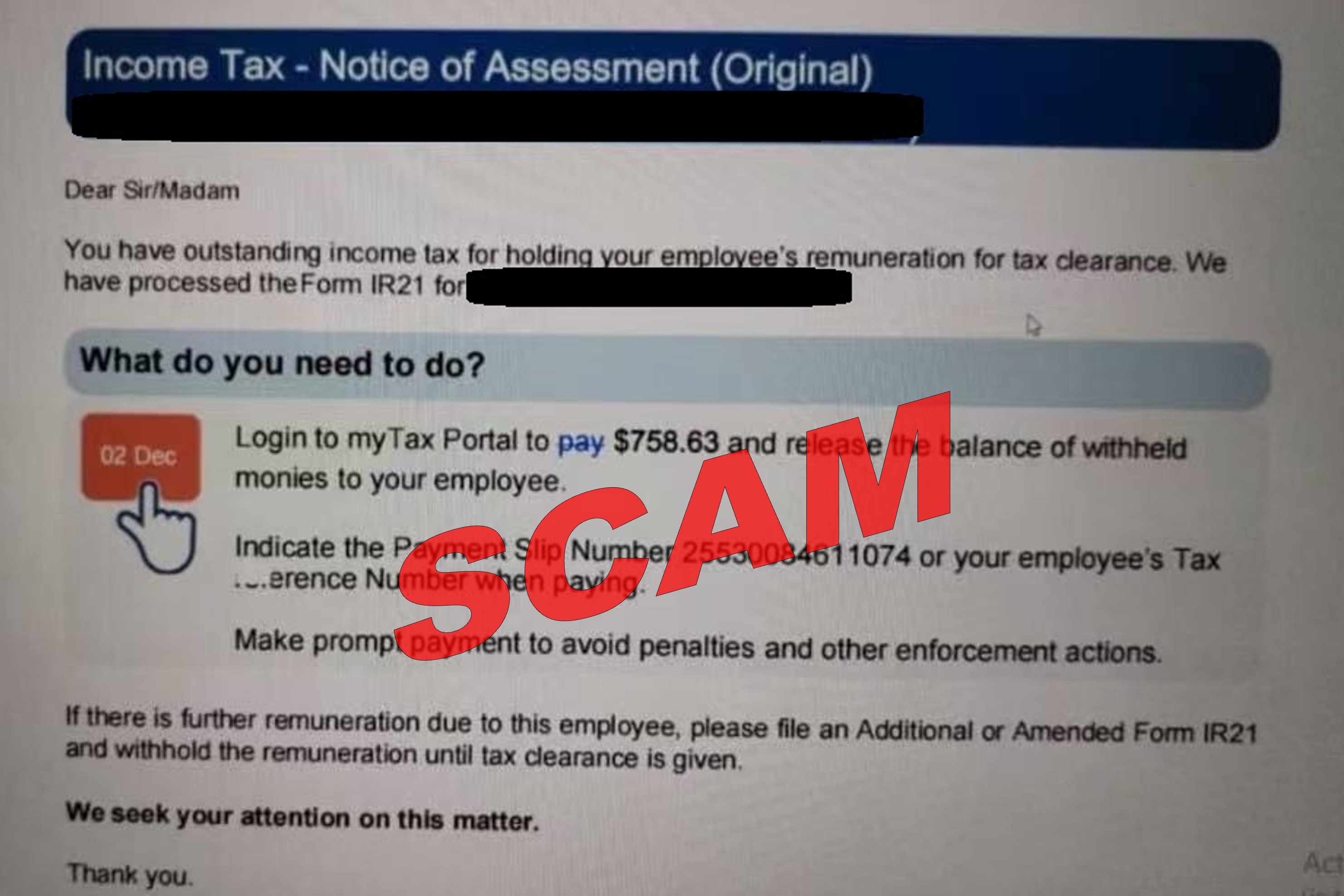 Screenshot of Scam Tax Clearance NOA