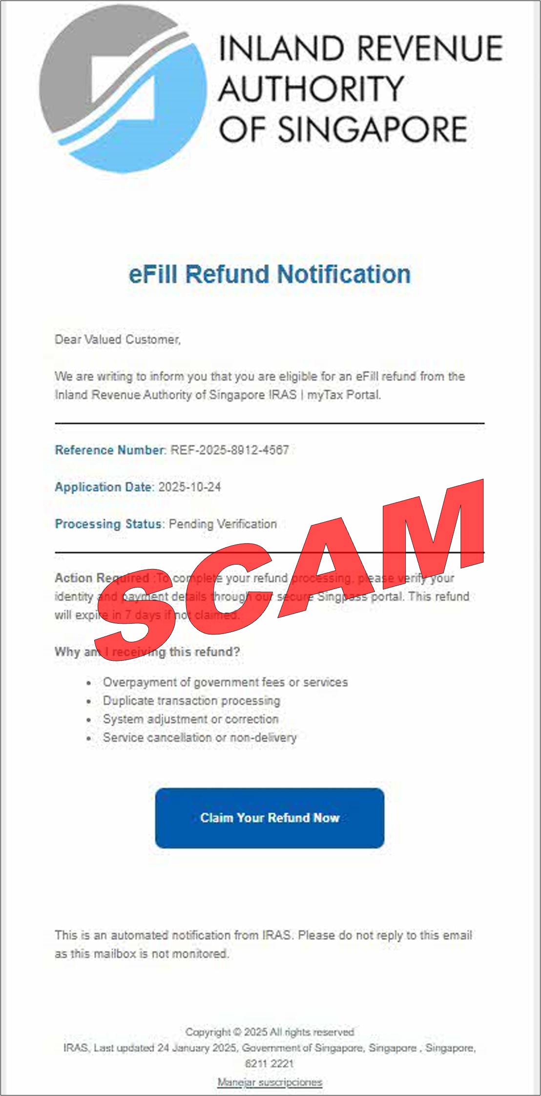 Screenshot of scam tax refund notification (eFill)
