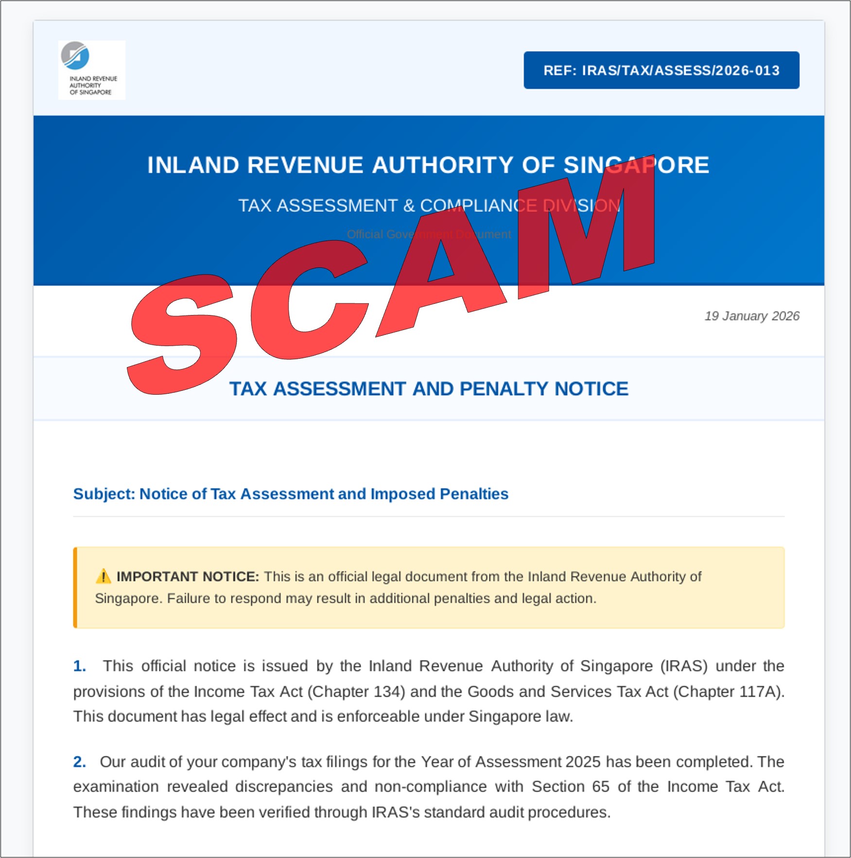 Screenshot of tax assessment and penalty notice scam